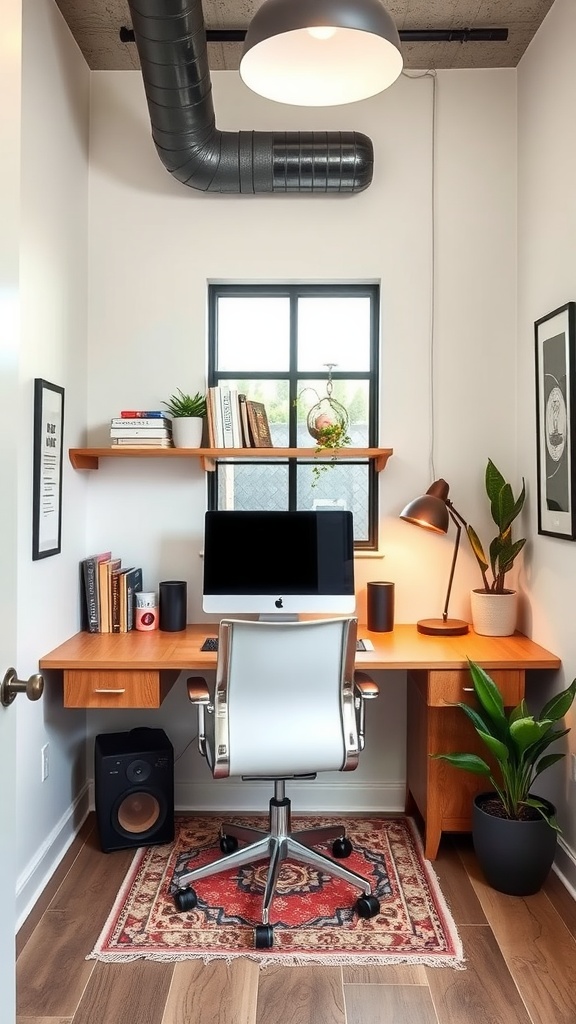 Industrial office space featuring bold wall art and modern workstations