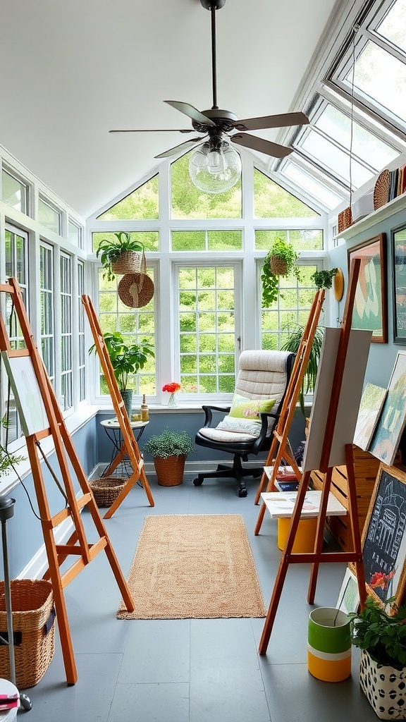 Bright and artistic sunroom with easels, plants, and colorful artwork