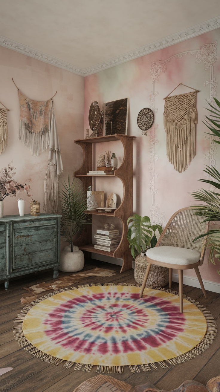 A cozy boho office space featuring a colorful tie-dye rug, wooden furniture, and plants.