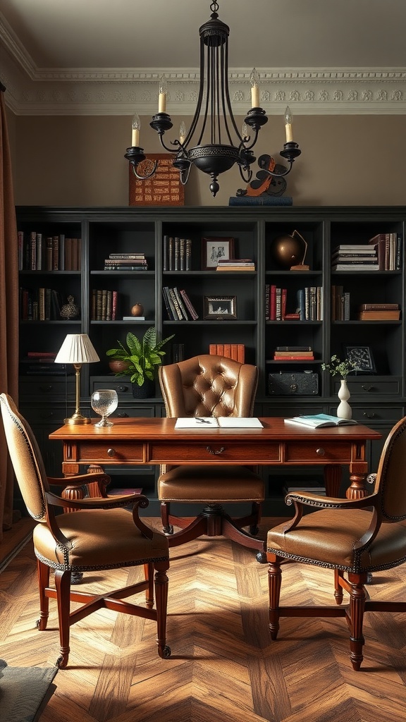 A masculine home office featuring artisan crafted wooden furniture, a sleek desk with storage, and a comfortable chair against a moody wall.