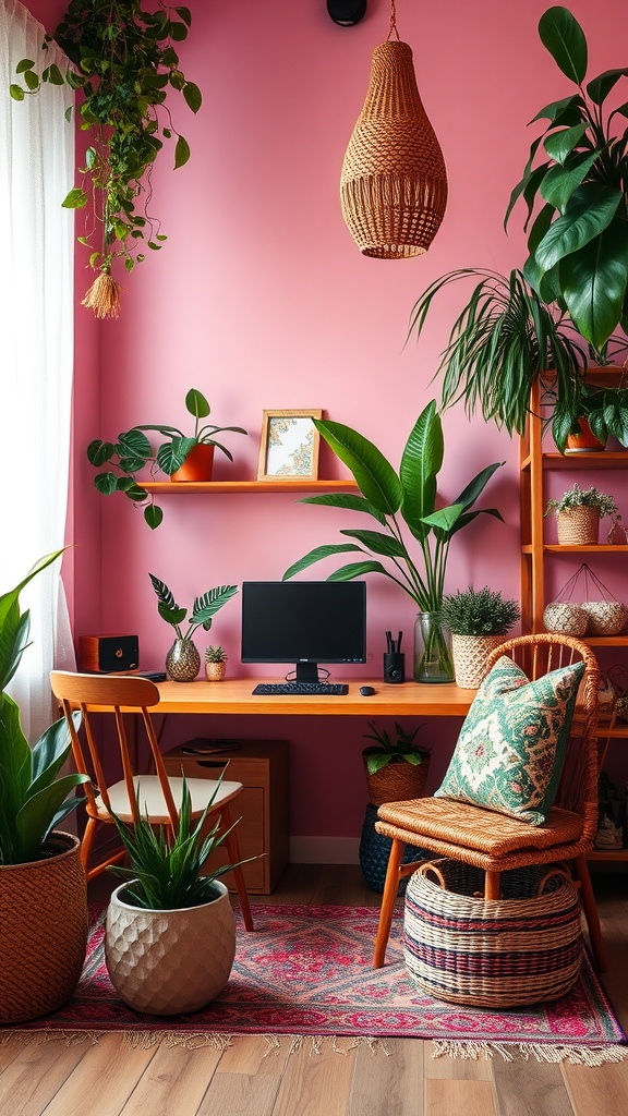 Colorful boho office space with plants, a wooden desk, and a cozy chair.