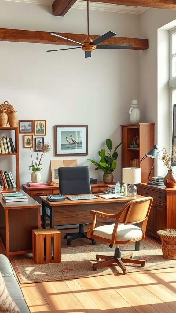 A stylish and inviting office space featuring wooden furniture, plants, and warm lighting.