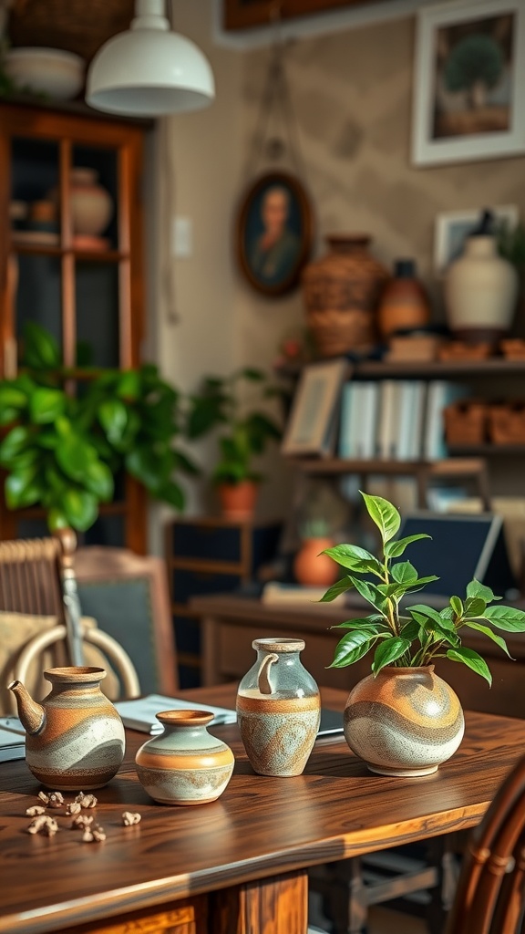 A cozy home office adorned with various artisanal pottery pieces, showcasing a blend of rustic and modern decor.