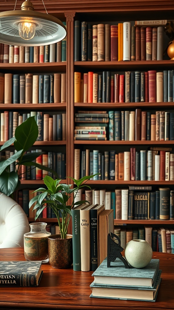 A cozy home library featuring a wooden bookshelf filled with colorful books, a stylish lamp, plants, and artistic bookends.