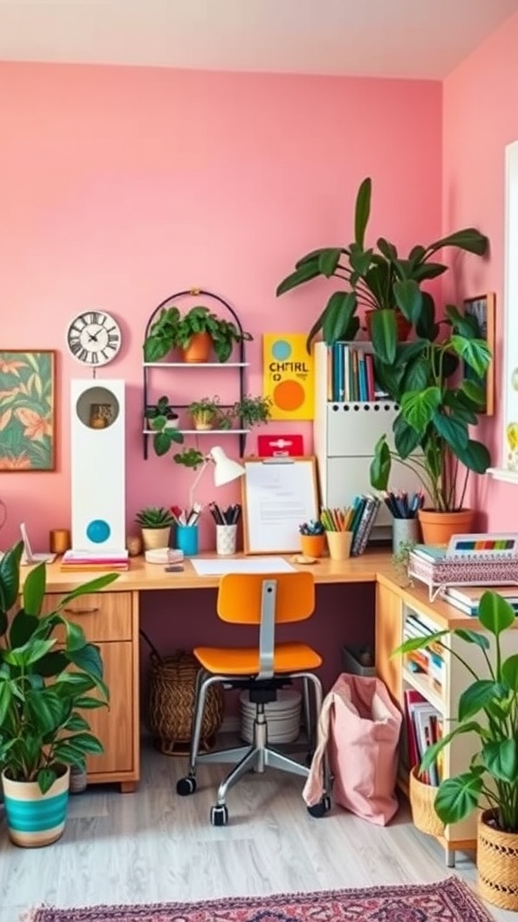 A colorful bohemian office space with a cozy desk and lots of plants.