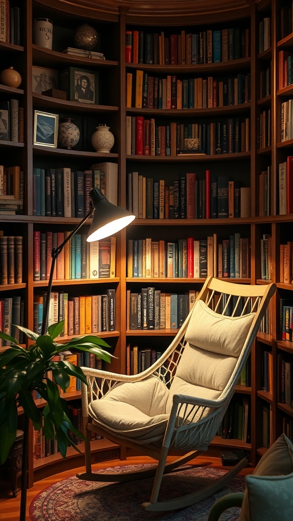 Cozy reading nook with a vintage aesthetic, featuring a lamp and bookshelves