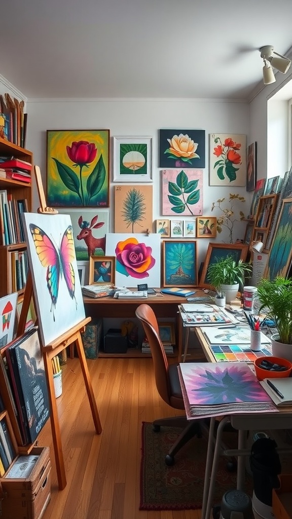 A vibrant artistic studio office featuring colorful paintings on walls, an easel, and a cozy desk setup.