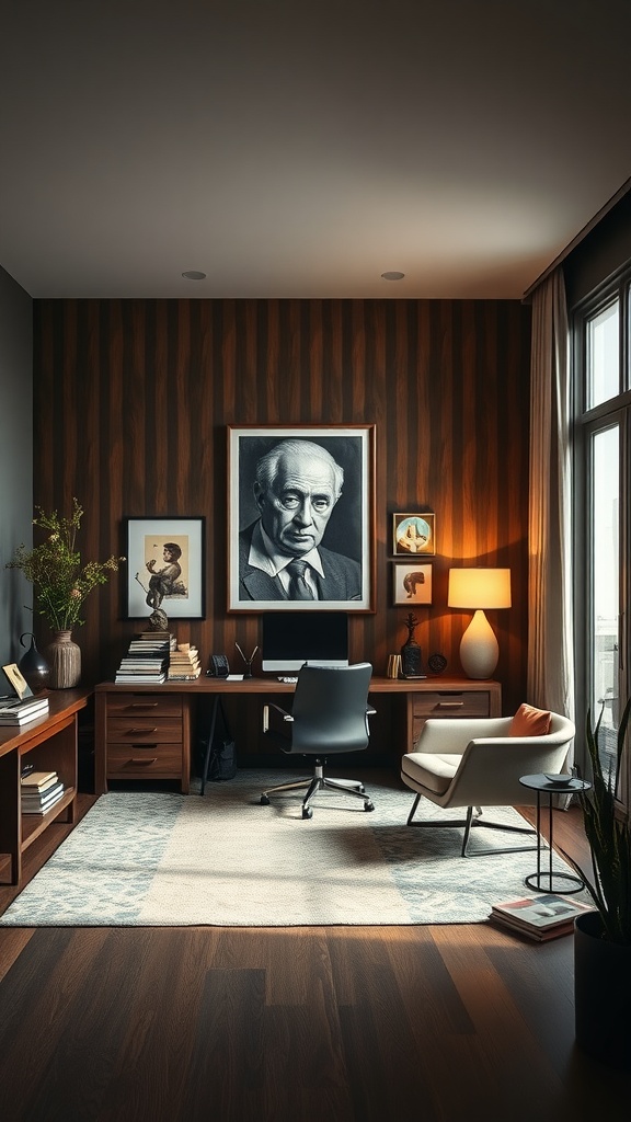 Stylish home office with wooden accents and artistic wall decor