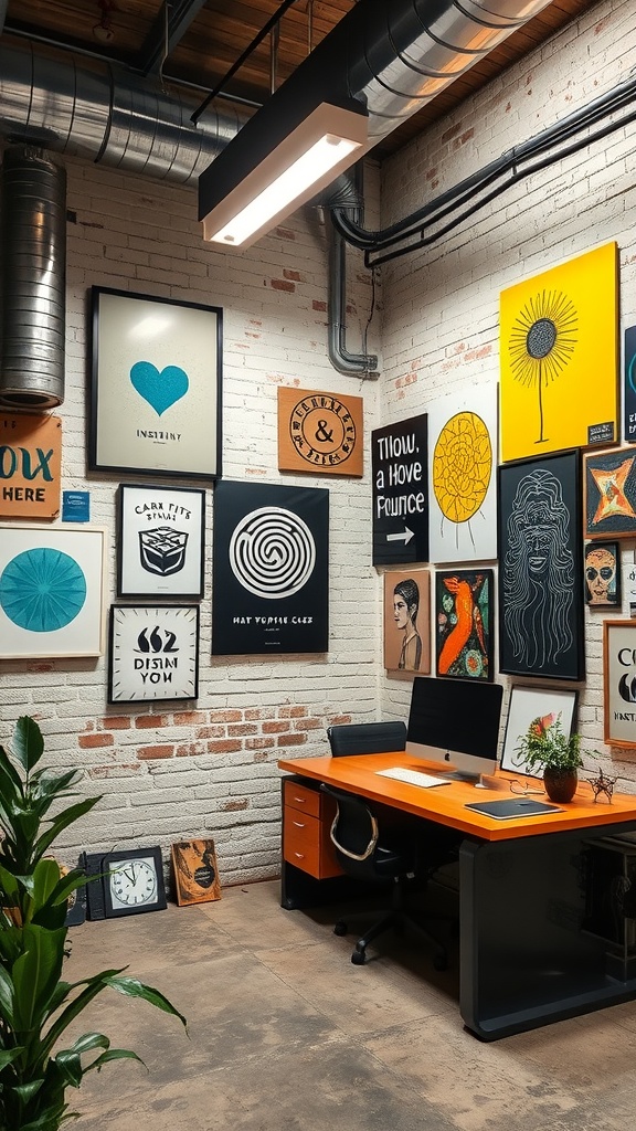 A creative office space featuring artistic wall installations, combining graphics and plants for an inviting atmosphere.