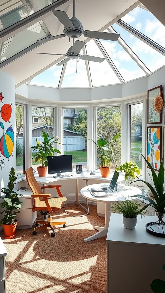 A bright sunroom with artistic wall murals, plants, and modern furniture, creating an inspiring workspace.