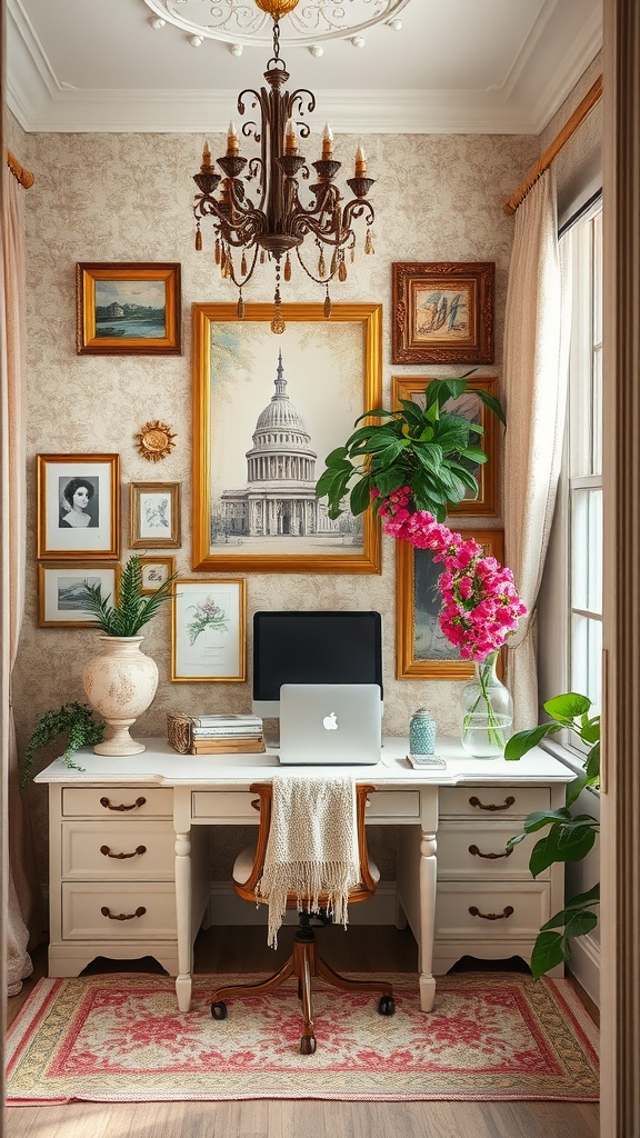 A stylish home office featuring a desk, computer, and wall art in a shabby chic style.