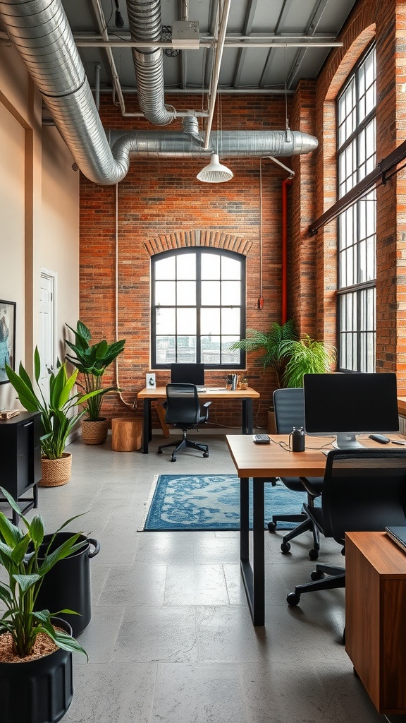 A modern industrial office space with light wood desks, orange accents, and plants, showcasing a blend of aesthetics and practicality.