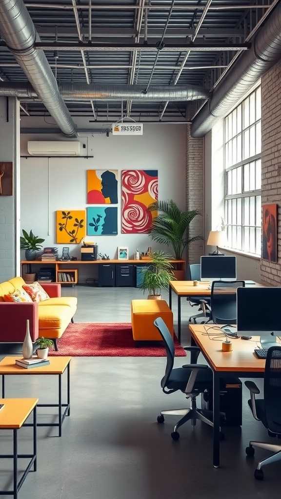 A modern industrial office space featuring colorful decor, a comfortable sofa, and functional desks.