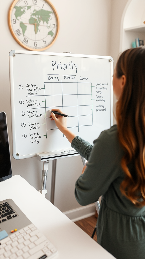 A person organizing tasks on a whiteboard in a home office, focused on work from home.