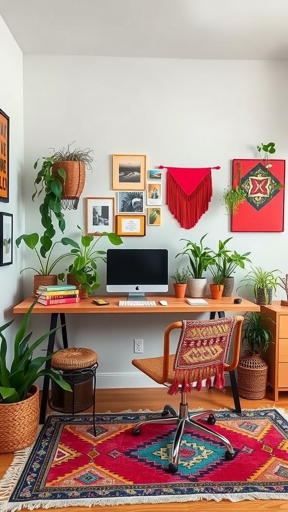 A bohemian chic home office featuring plants, a warm rug, and a stylish desk setup.