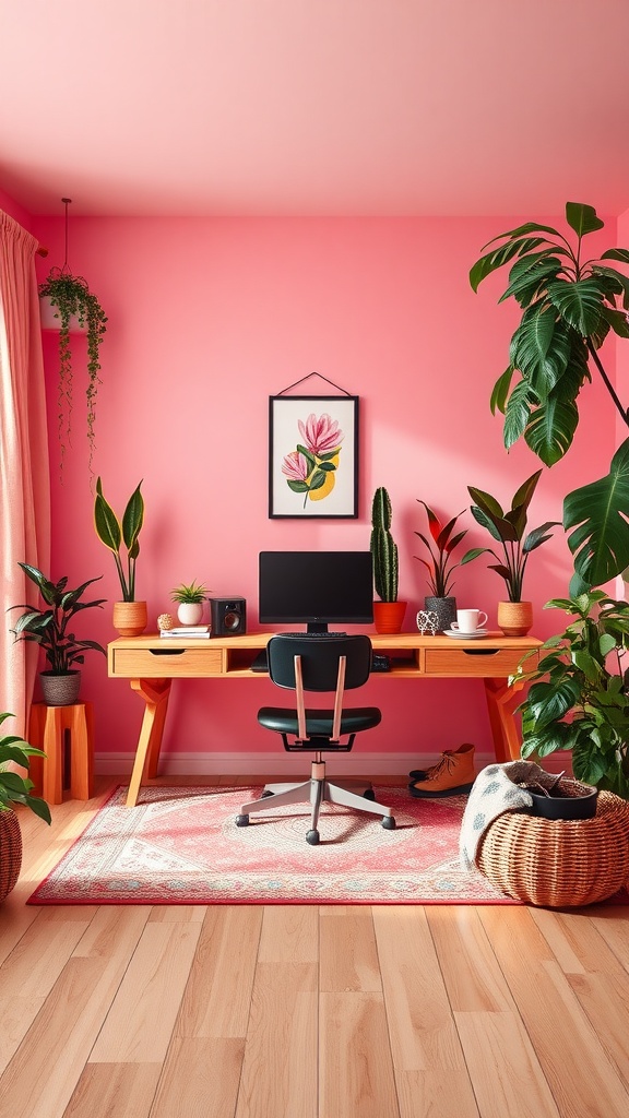 A vibrant boho office space with pink walls, wooden desk, plants, and cozy decor