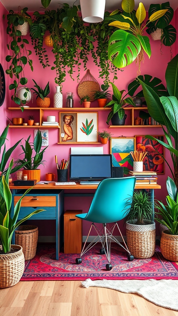 A vibrant boho office space featuring a pink wall, lush plants, a cozy desk, and colorful decor.