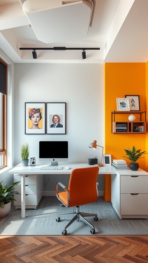 A modern office with an orange accent wall, white desk, and stylish decor.