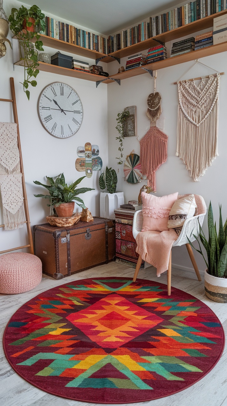 A cozy boho office space featuring a colorful round rug with bold tribal prints, surrounded by plants and vintage decor.