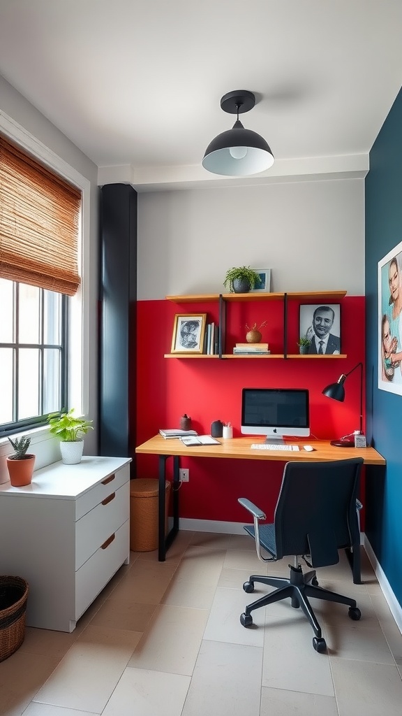 A vibrant industrial office space with bold wall colors including red, blue, and yellow.