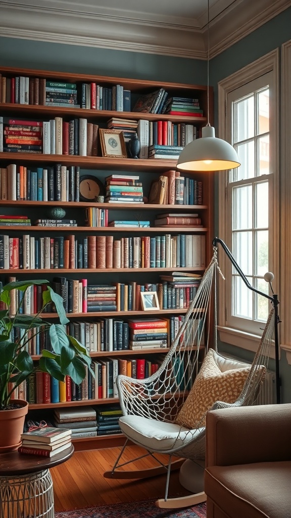 A cozy home library with bookshelves filled with colorful books, a comfy chair, and warm lighting.