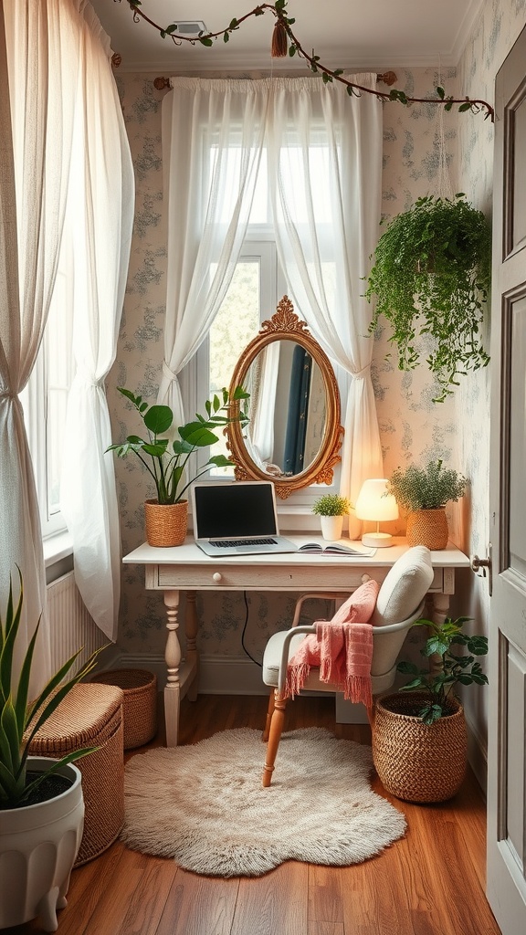 Cozy home office with breezy curtains, a vintage desk, and plants