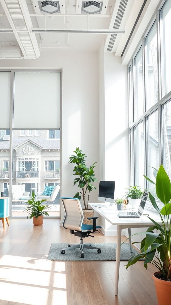 A bright and modern office space with large windows, potted plants, and a minimalistic desk setup.