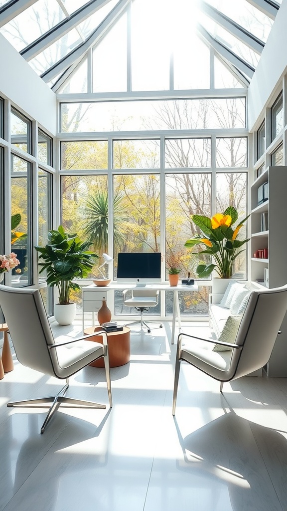 Bright and airy sunroom office with large windows, modern furniture, and a plant.