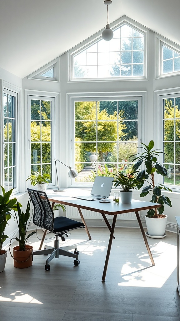 A bright and airy home office sunroom with large windows, plants, and a modern desk.