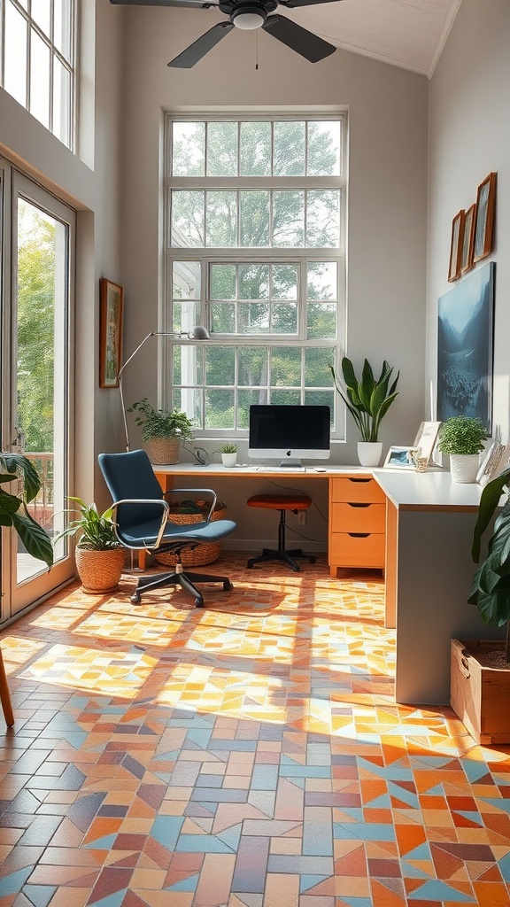 A bright sunroom with mosaic tile flooring, featuring a modern desk setup and large windows for natural light.