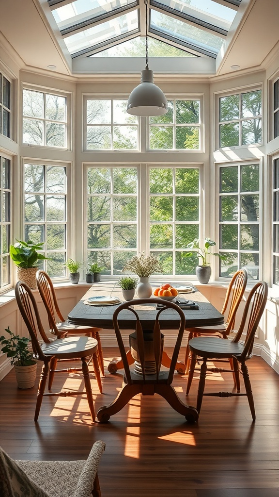 Bright sunroom dining area with large windows, wooden chairs, and a rustic dining table surrounded by plants.