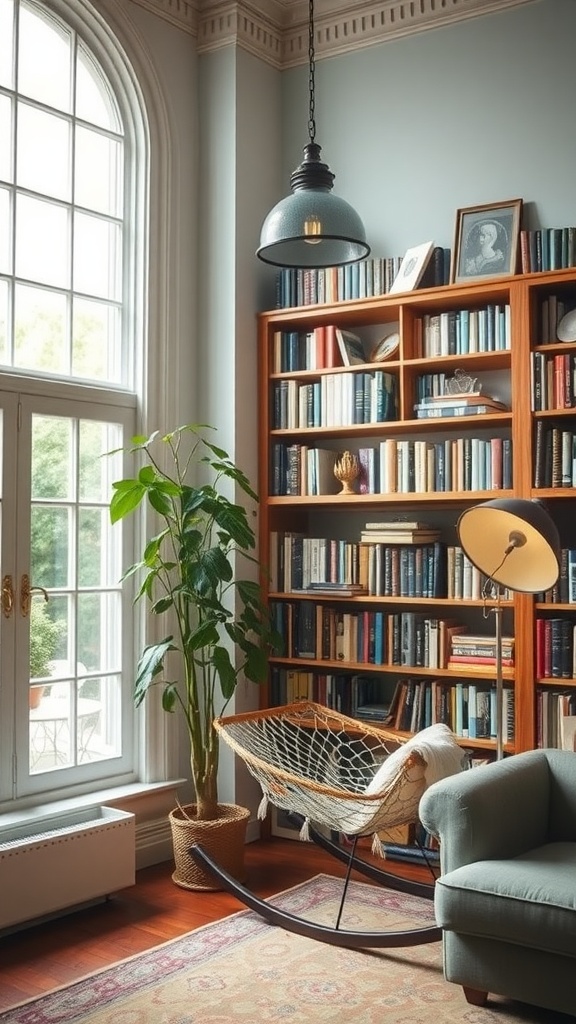 A cozy home library with large windows, bookshelves filled with books, a rocking hammock, and a green plant.