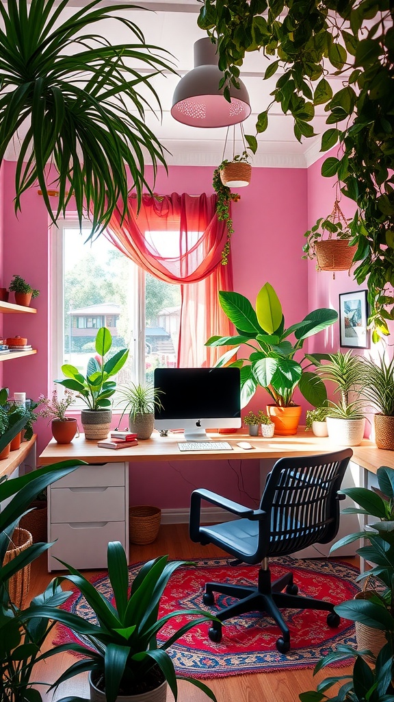 A vibrant boho office space filled with plants and a desk setup.