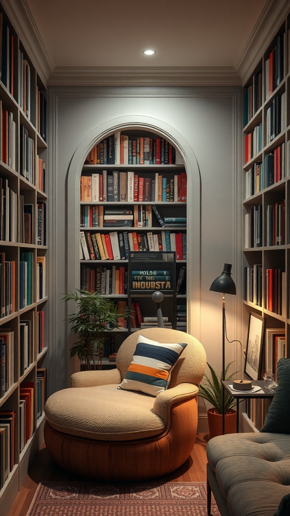 Cozy corner of a library with a bookcase and a hidden door