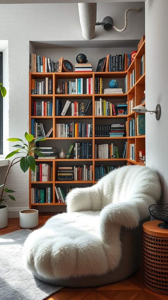 Cozy loft library with fluffy chair and organized bookshelves