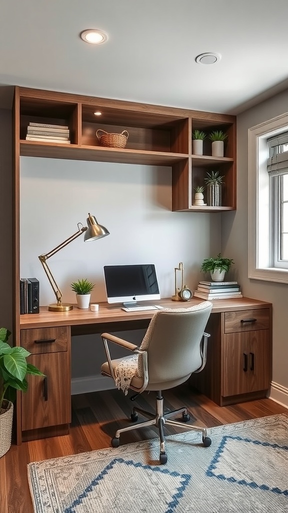 A cozy home office setup featuring a laptop, organized desk space, and bright natural light.