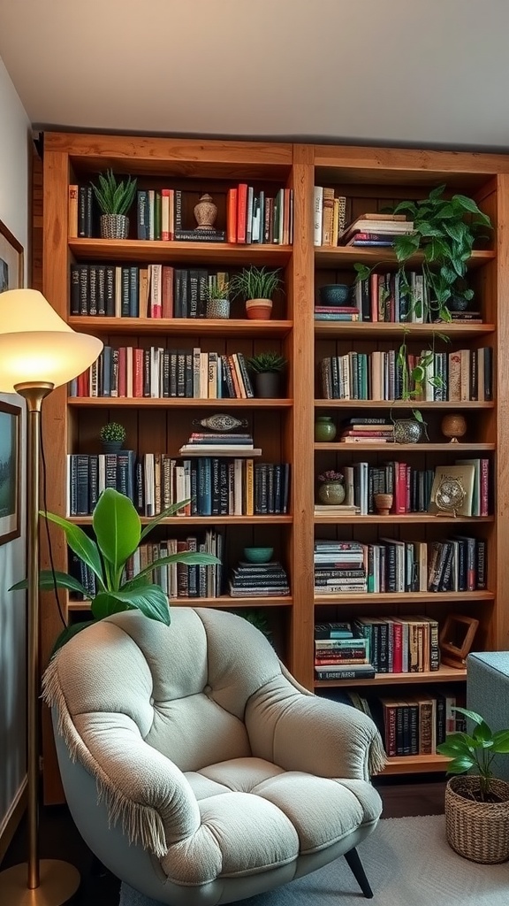 A cozy bookshelf made from pallets, filled with books and plants, next to a comfy chair and floor lamp