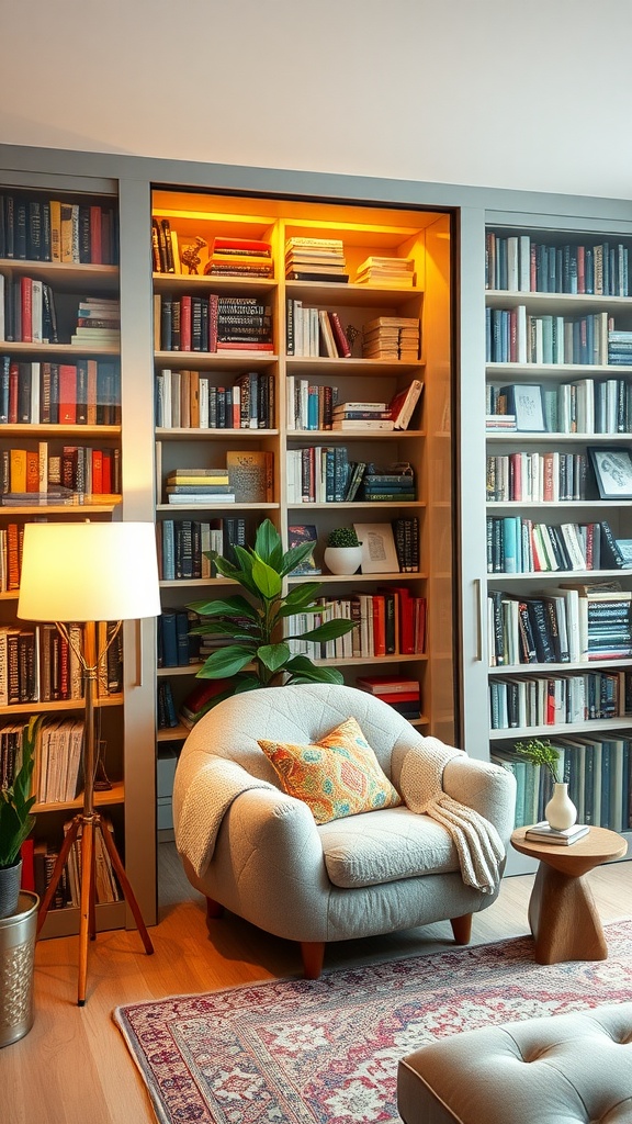 Cozy home library with shelving and sliding doors