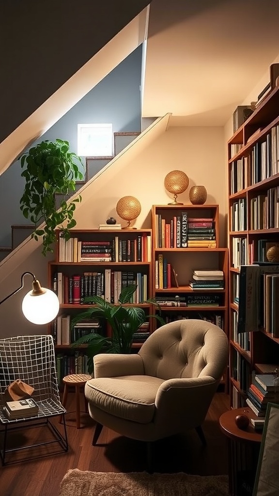 Cozy under stairs library with bookshelves, comfortable chair, and plants.