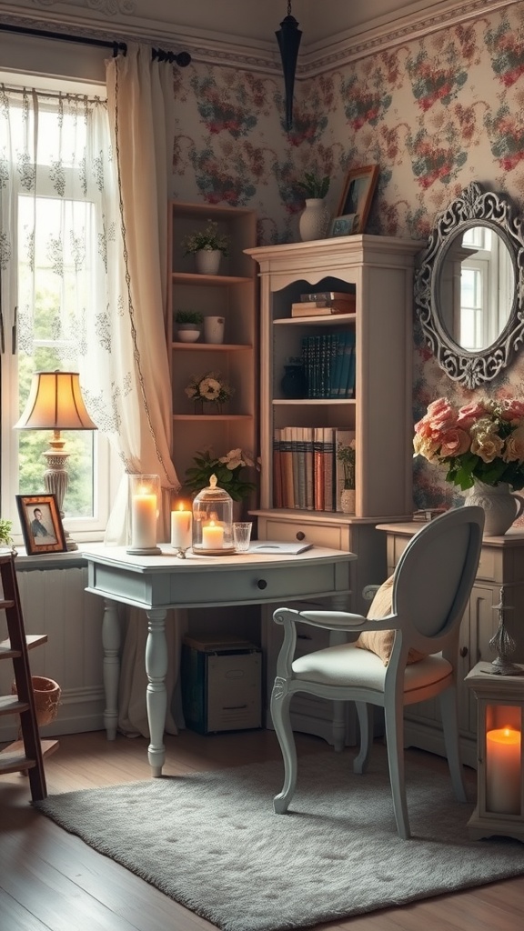 A cozy office nook featuring a vintage desk with candles, lace curtains, and floral wallpaper, creating a warm and inviting atmosphere.