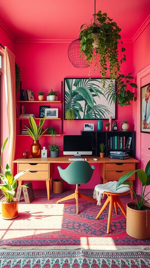 A bohemian style office with bright pink walls, wooden desk, plants, and colorful decor.