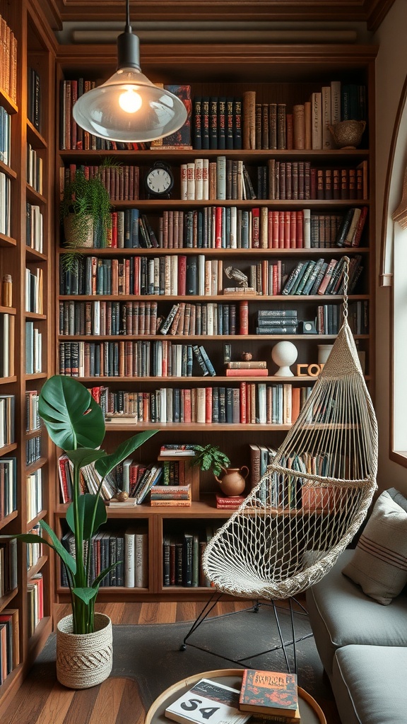 A cozy library room with wooden bookshelves filled with books, a hanging chair, and a plant.