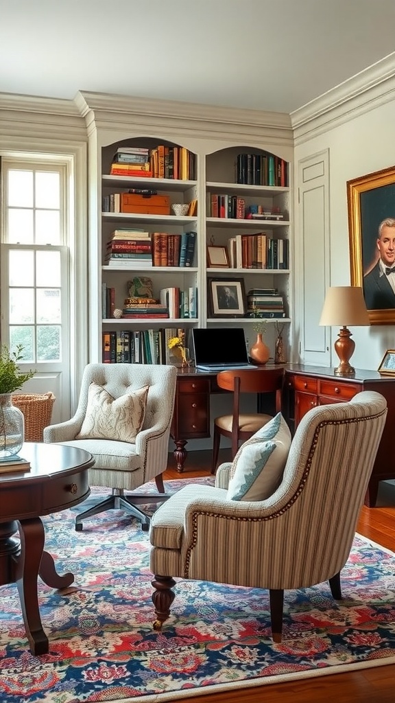 Stylish home office with a chic accent chair and modern desk setup