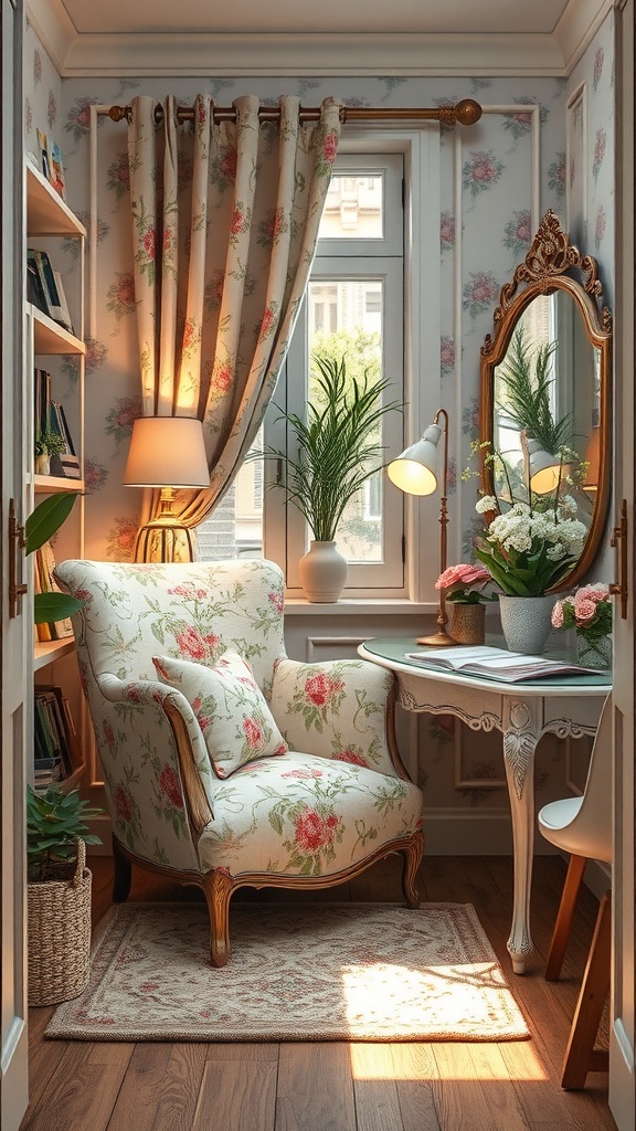 A cozy home office corner featuring a floral accent chair, stylish curtains, and a small table with a lamp and flowers.