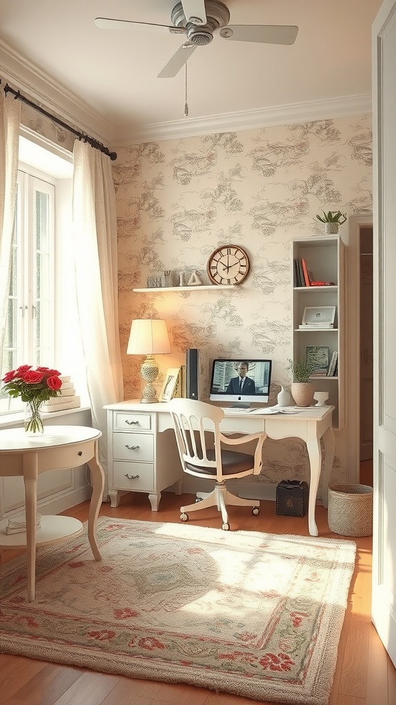 Charming shabby chic office with a vintage area rug, delicate curtains, and elegant furniture.