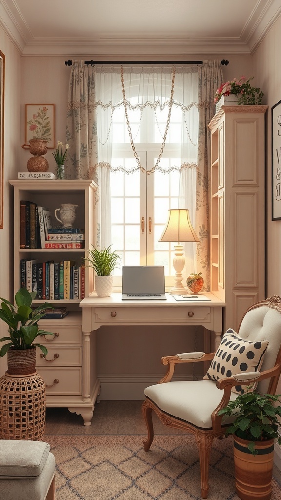 A charming office space featuring a vintage desk, a bookshelf filled with books, stylish curtains, and plants, all embodying a shabby chic decor aesthetic.