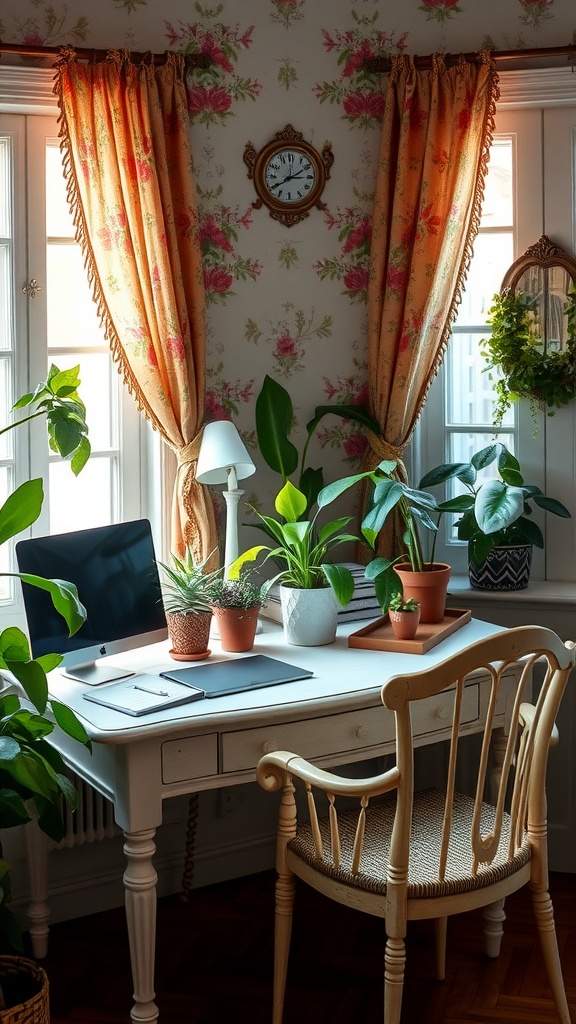 A cozy desk area with plants, vintage curtains, and a laptop, representing a charming shabby chic office.