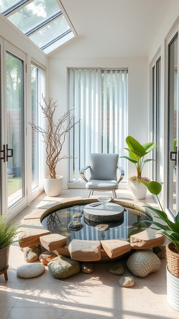 A cozy sunroom with a circular indoor water feature, surrounded by smooth stones and plants, featuring a comfortable chair.