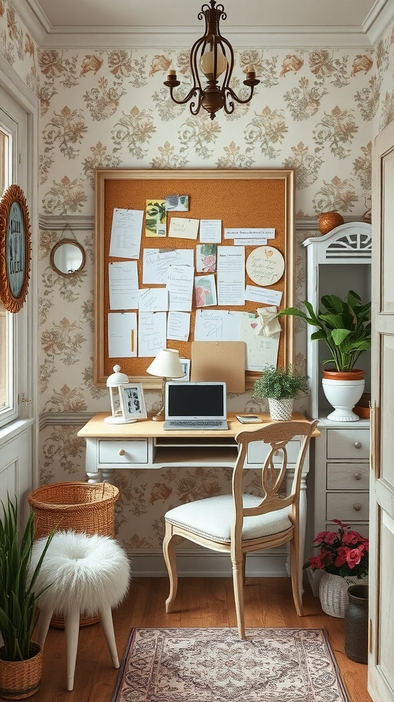 A cozy home office with a pinboard display, vintage decor, and stylish furniture.