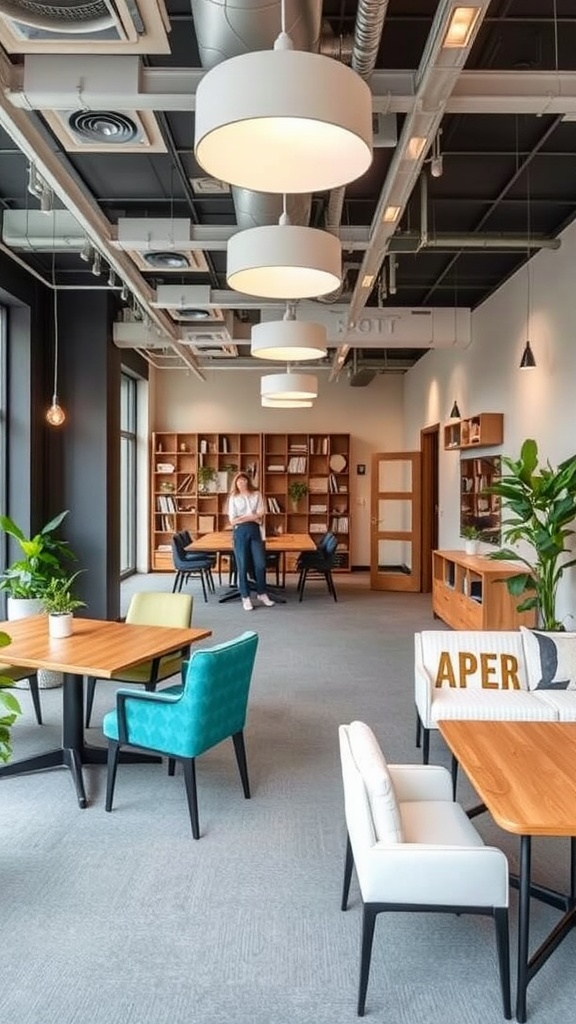 A chic co-working space featuring modern furniture, bright lighting, and an open layout.